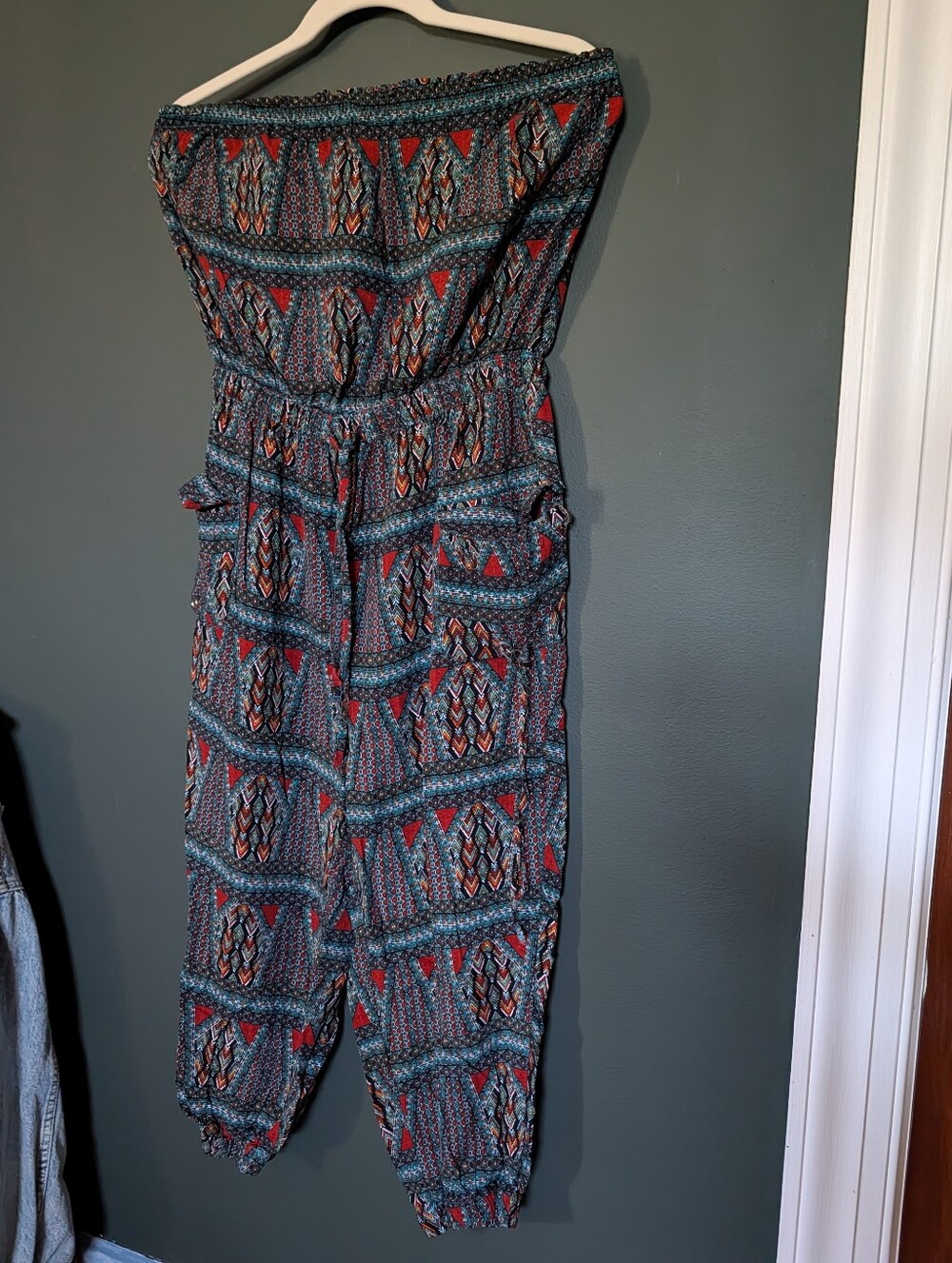 Love By Chelsey Printed Strapless Jumpsuit in Teal & Red